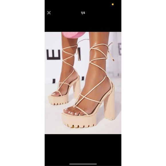 Shein Faux Leather Criss Cross Straps Lug Sole Chunky Heels - Picture 2 of 2